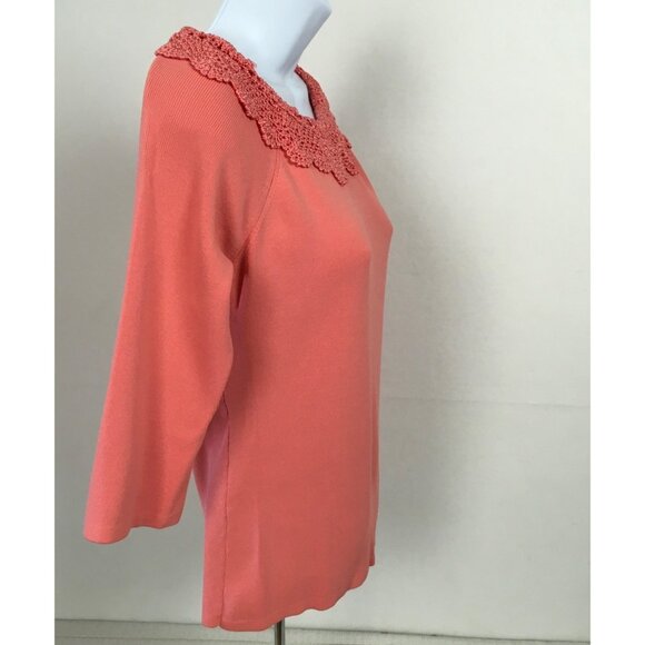 J A C Womens Top Size XS Knit Coral 3/4 Sleeve Top With Crochet Neckline - Picture 4 of 14